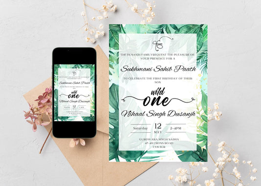 Jungle themed birth of son invitation that includes jungle greenery. Editable Canva template for sukhmani sahib paath. Colours are watercolours with touch of greenery. Perfect elegant design to bless your little one.