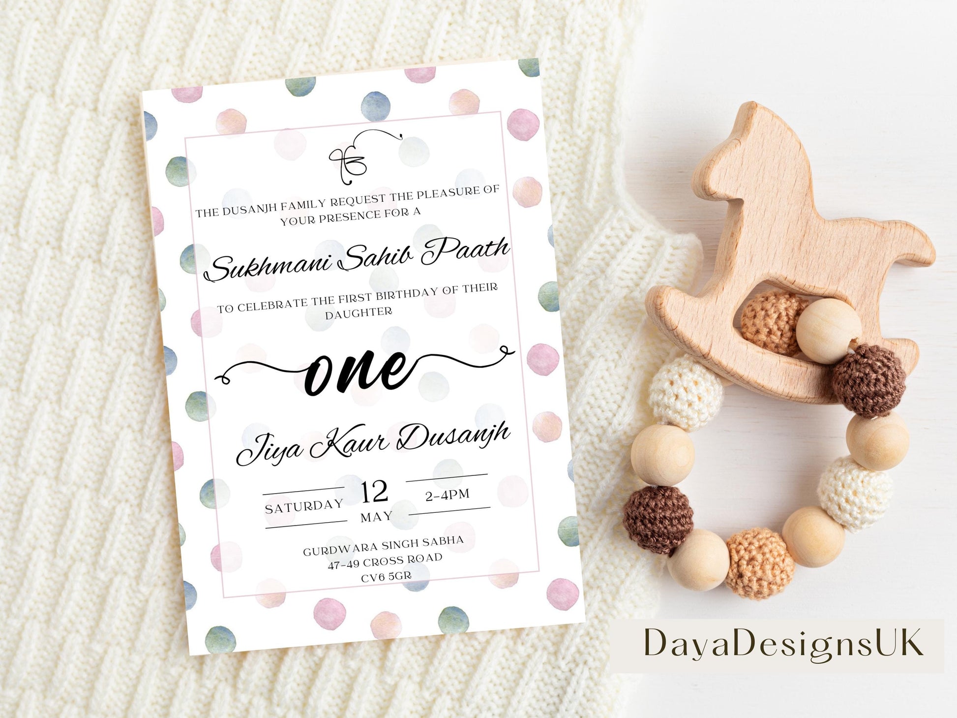 Sukhmani Sahib Path Digital Invitation, Daughter's 1st Birthday, Modern Neutral Dotty Theme, Editable Template, Sikh Programme