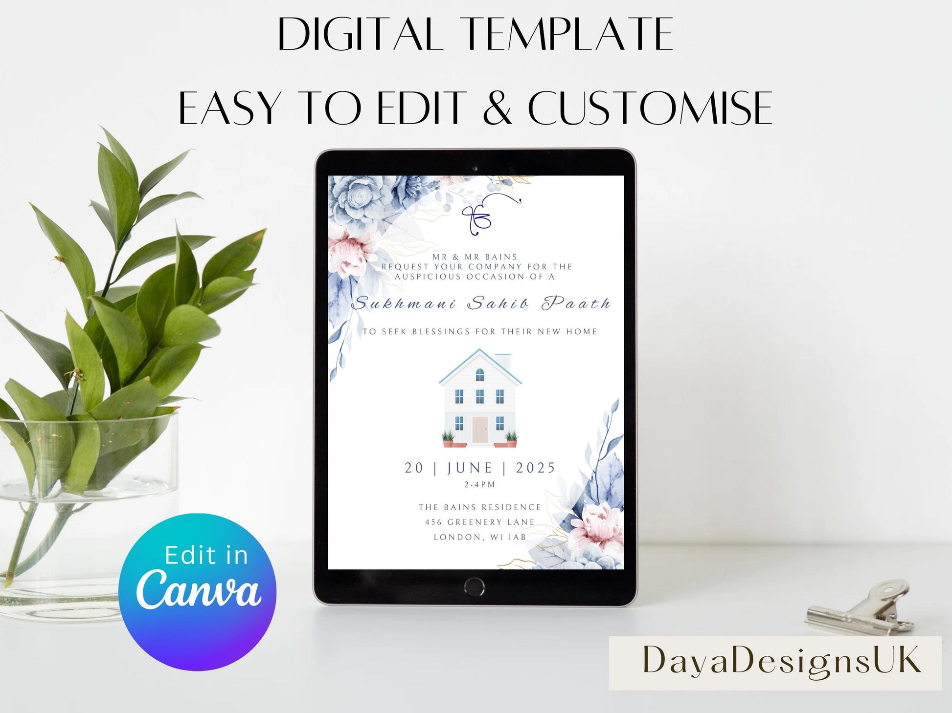 Digital Sukhmani Sahib Path Invitation, Housewarming, Modern, Minimalist Eucalyptus Theme, Canva Editable, New House Sikh Blessing