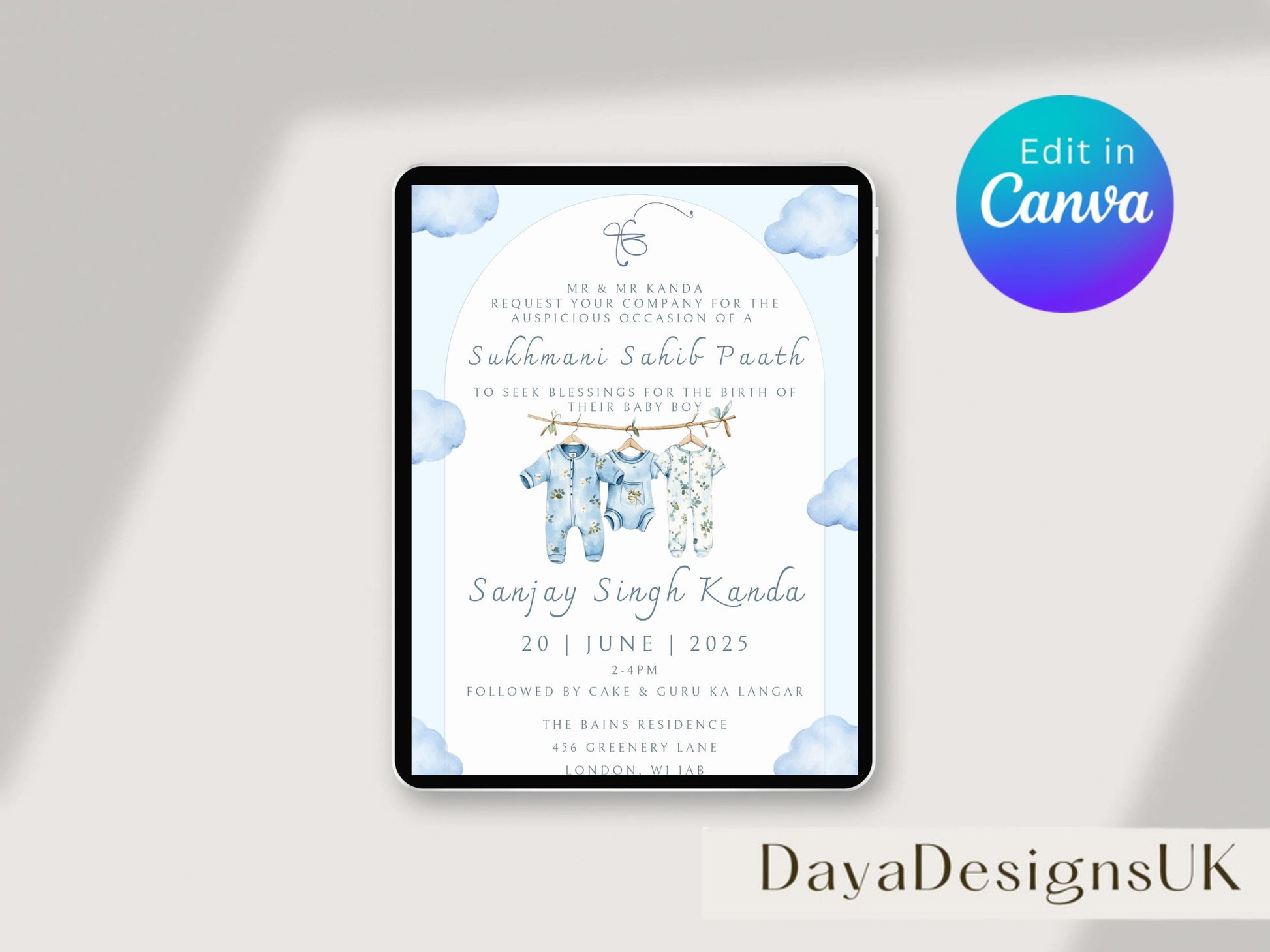 Digital Sukhmani Sahib Paath Invitation, Birth of Boy, Modern Minimalist Blue Baby Clothes, Editable Template, Sikh Programme