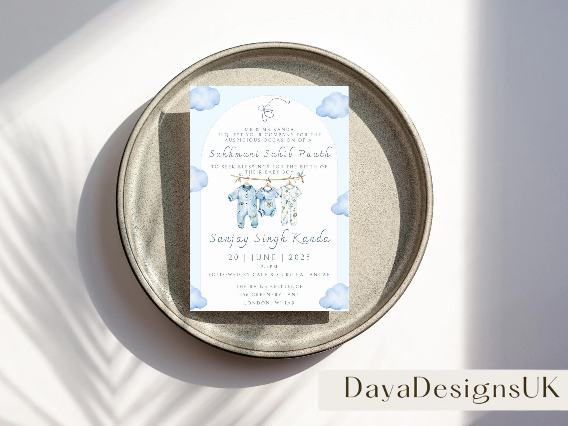 Digital Sukhmani Sahib Paath Invitation, Birth of Boy, Modern Minimalist Blue Baby Clothes, Editable Template, Sikh Programme