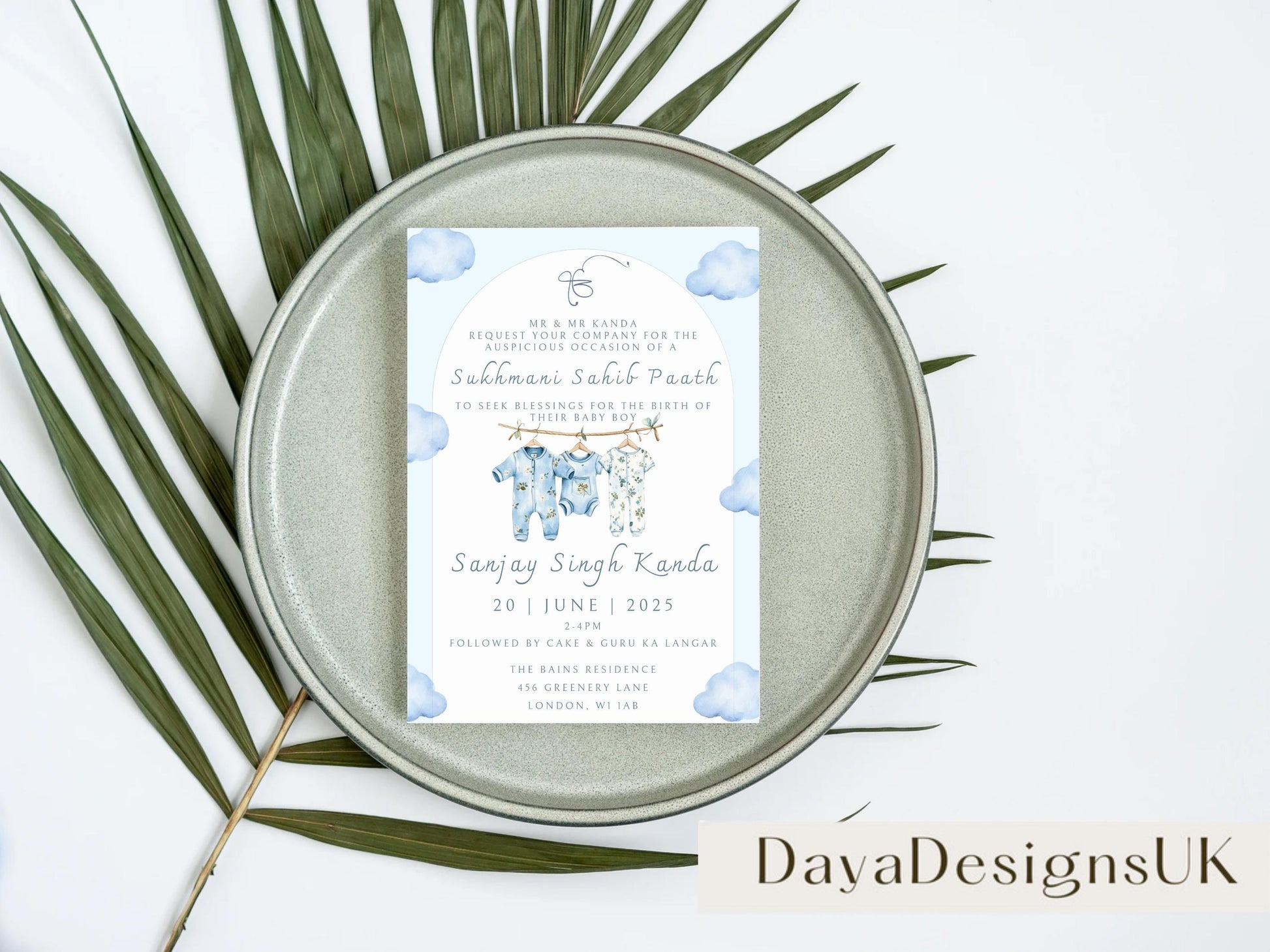 Digital Sukhmani Sahib Paath Invitation, Birth of Boy, Modern Minimalist Blue Baby Clothes, Editable Template, Sikh Programme