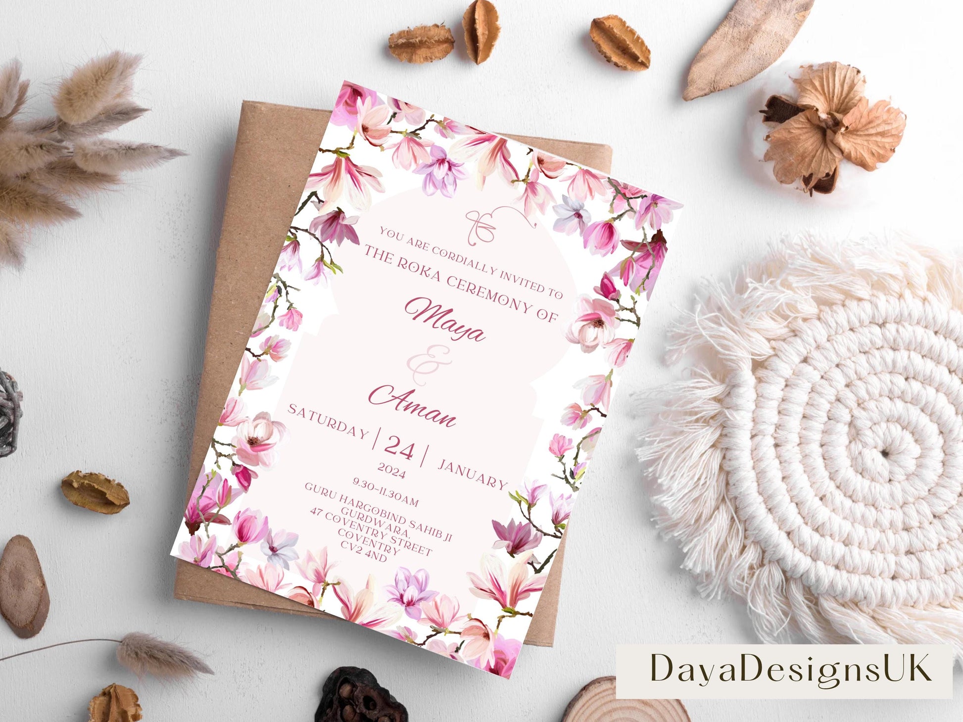 Editable Roka Chunni Takhar Ceremony Invite, Birthday, Modern Brught Floral, Canva Editable, Sikh Occasion, Engagement DIY Invitation