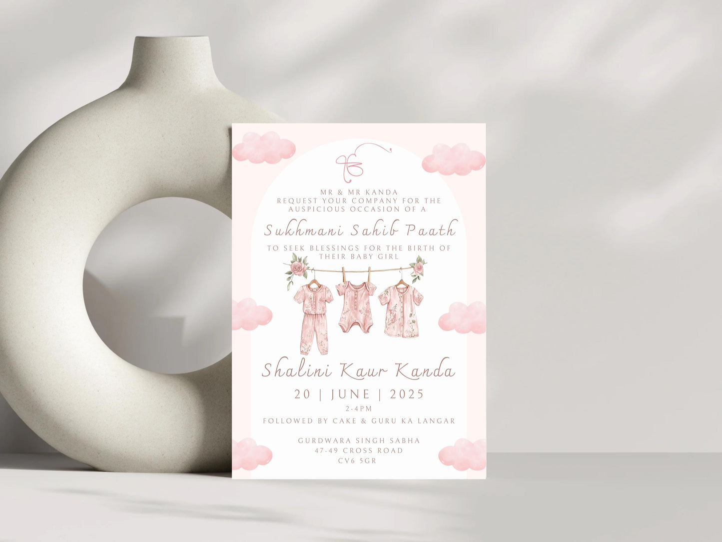 Digital Sukhmani Sahib Paath Invitation, Birth of Girl, Modern Minimalist Pink Baby Clothes, Editable Template, Sikh Programme