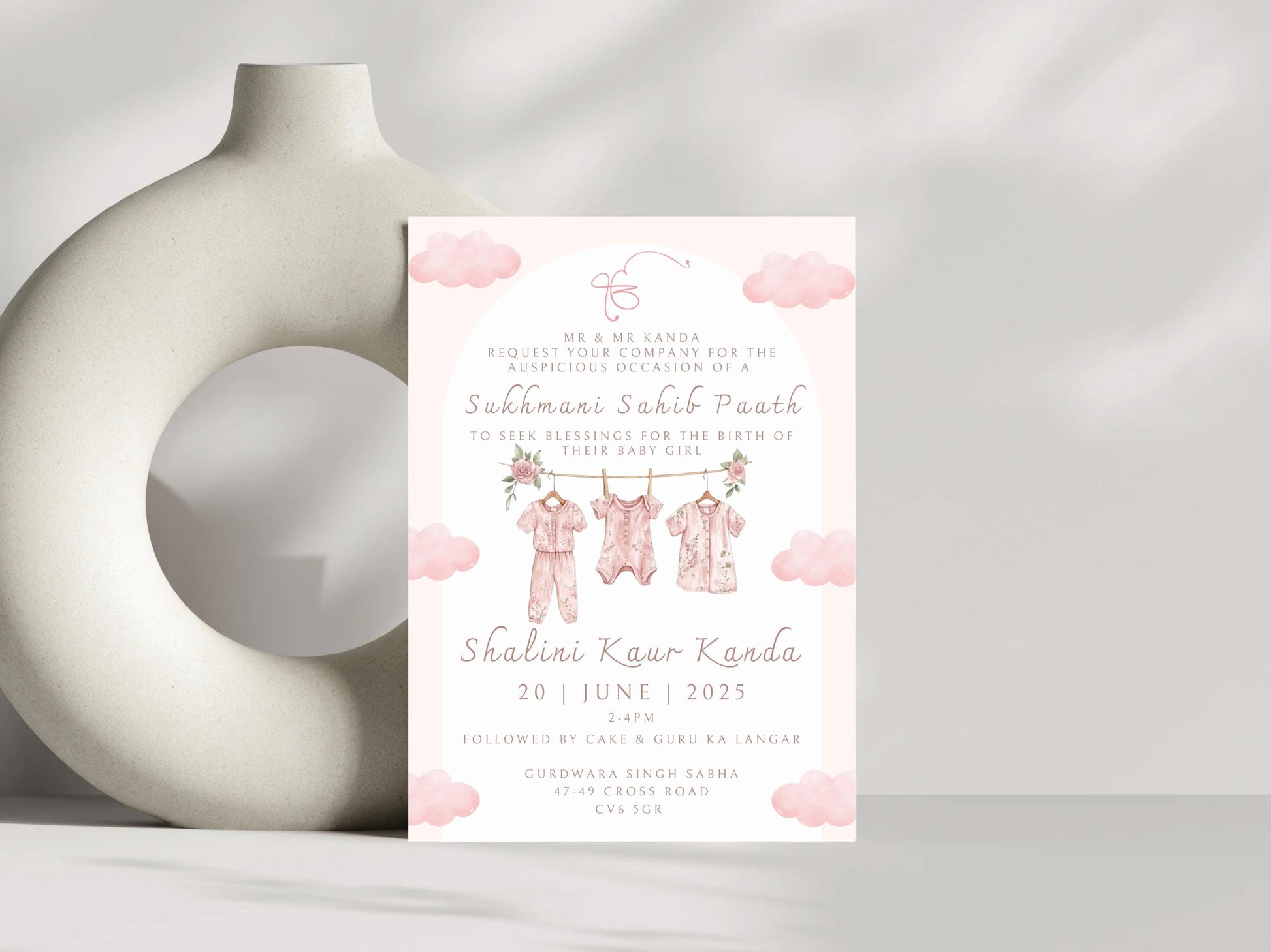 Digital Sukhmani Sahib Paath Invitation, Birth of Girl, Modern Minimalist Pink Baby Clothes, Editable Template, Sikh Programme