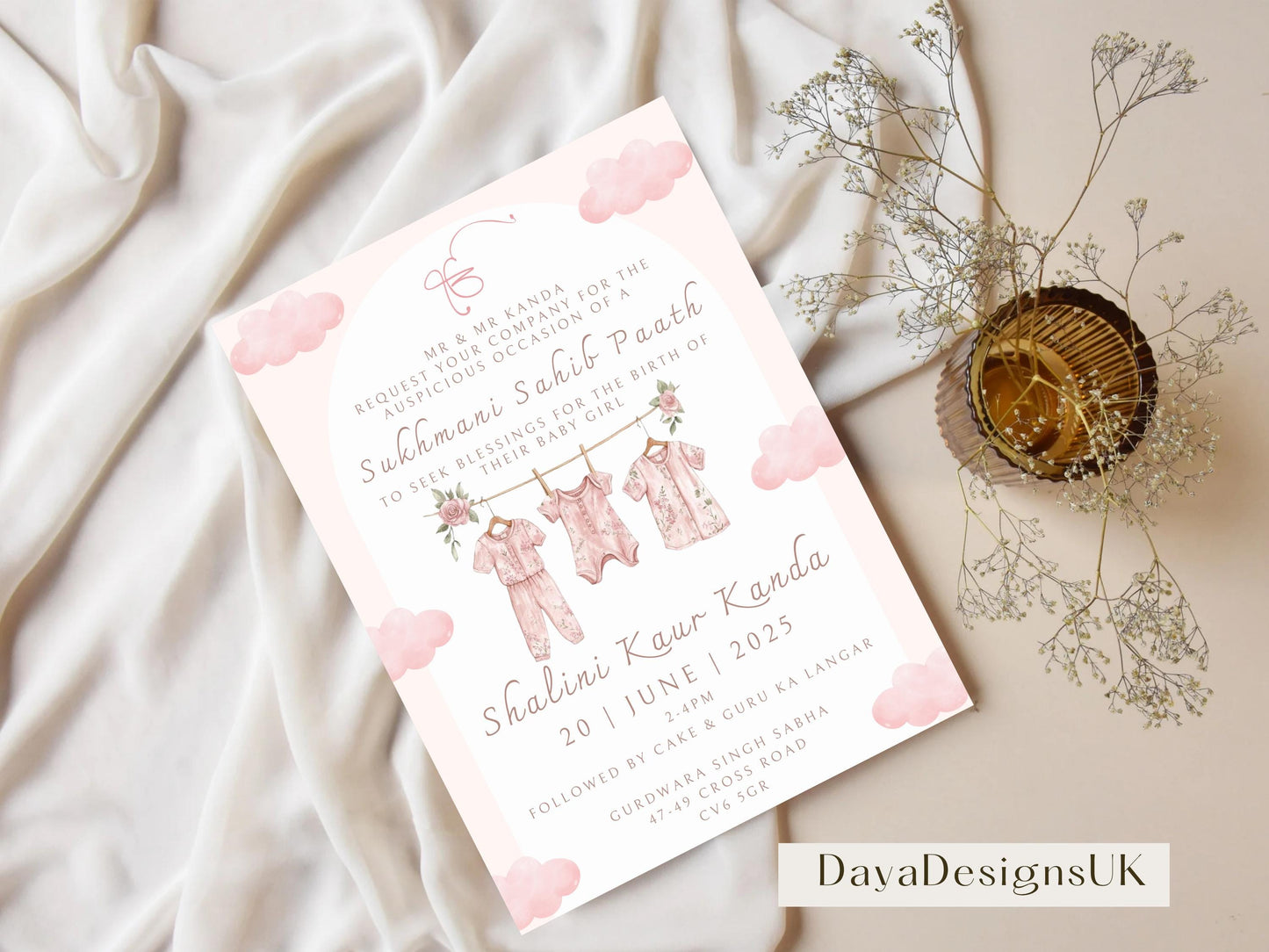 Digital Sukhmani Sahib Paath Invitation, Birth of Girl, Modern Minimalist Pink Baby Clothes, Editable Template, Sikh Programme