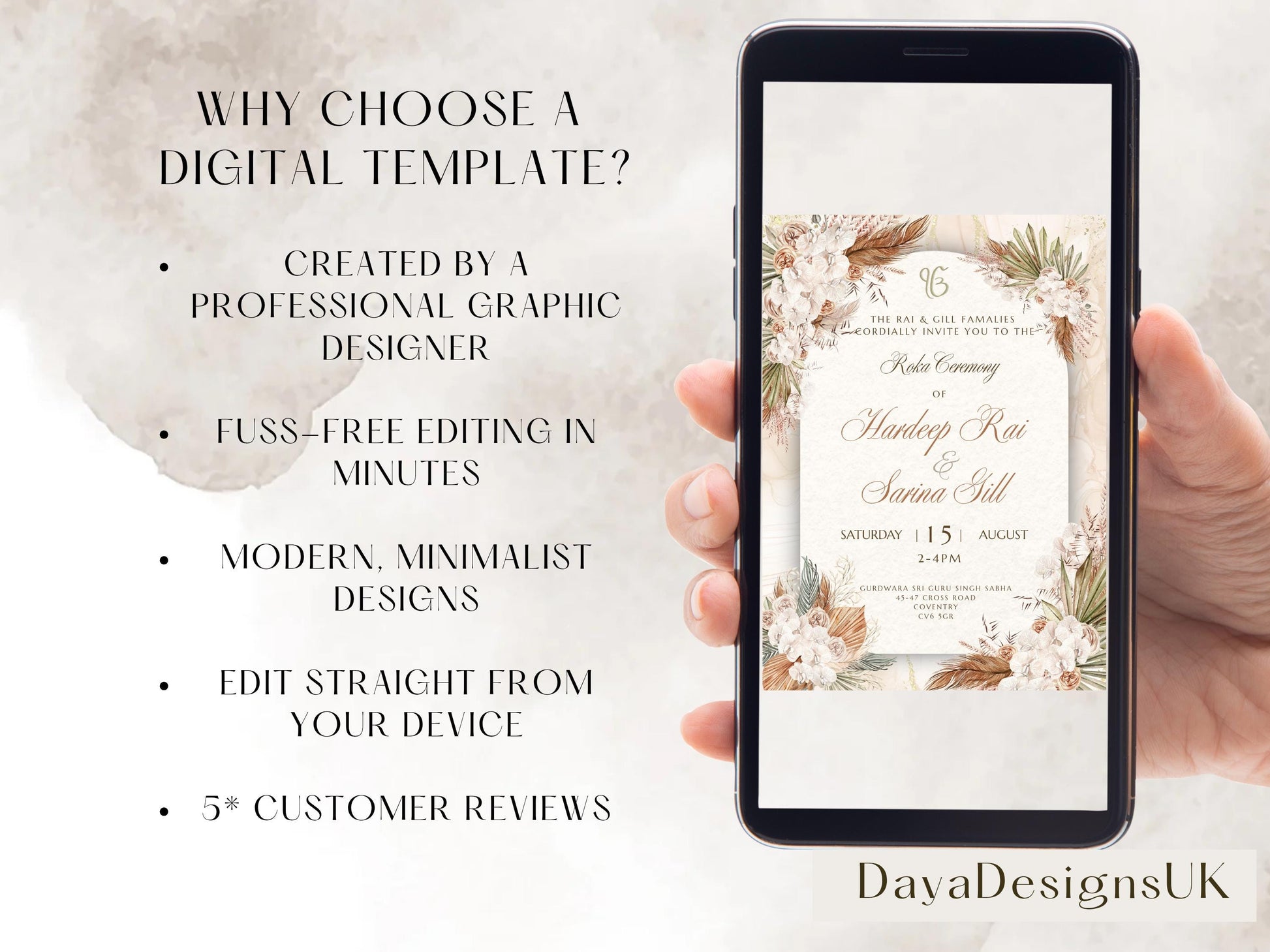 Digital Roka Chunni Takhar Ceremony Invite, Modern Rustic Theme, Canva Editable, Sikh Occasion, Engagement DIY Invitation