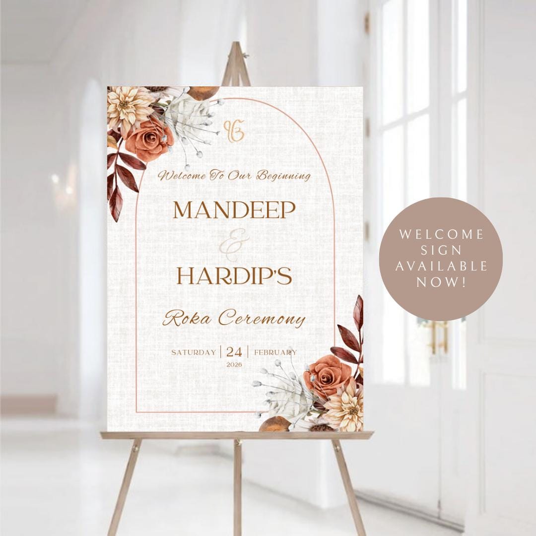 Rustic Autumn Floral Roka Welcome Sign Template | Editable Canva Digital Download | A2 Ceremony Sign | Matching Invitation Set | Engagement