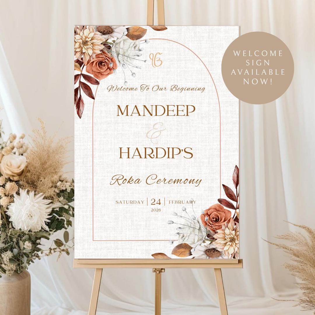 Rustic Autumn Floral Roka Welcome Sign Template | Editable Canva Digital Download | A2 Ceremony Sign | Matching Invitation Set | Engagement