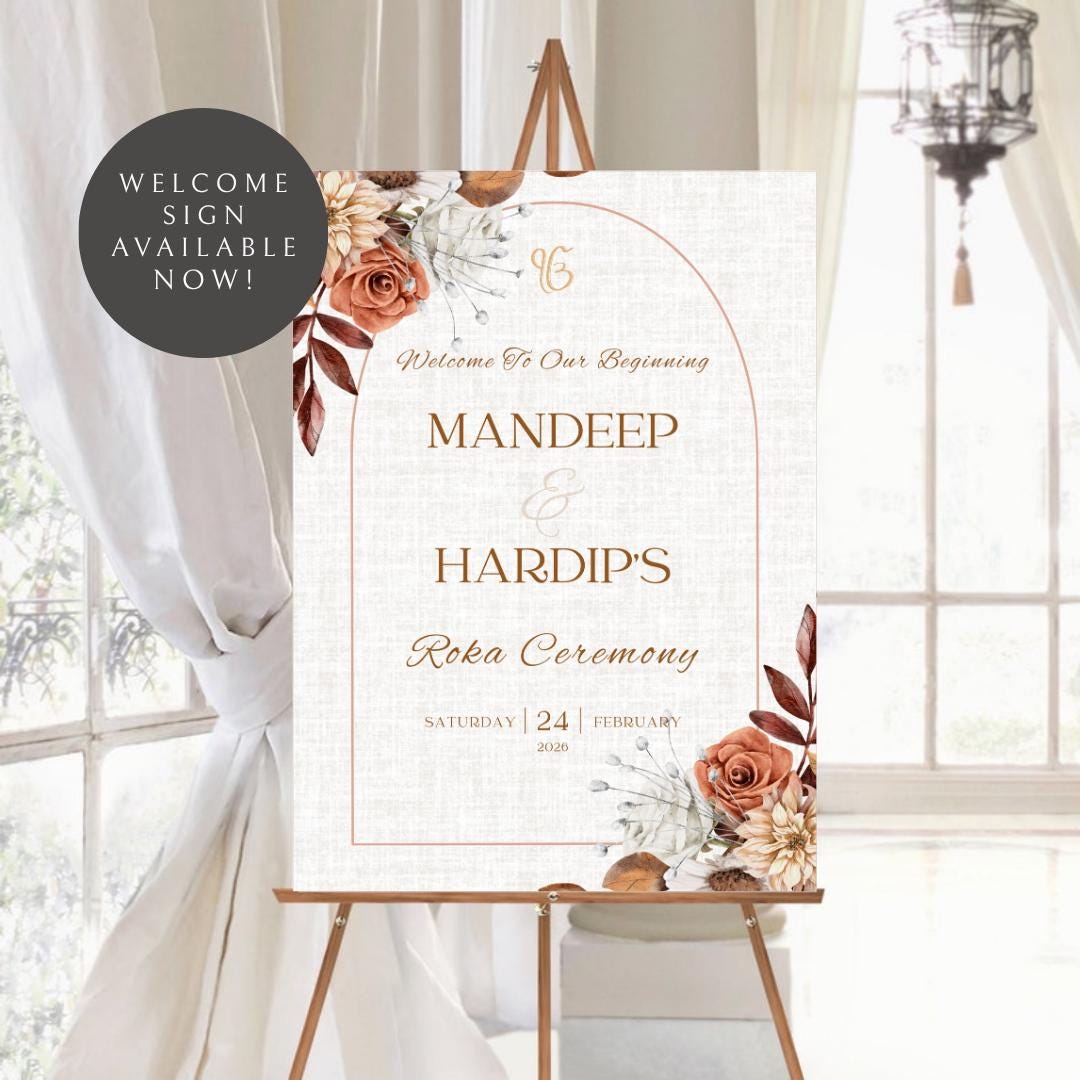 Rustic Autumn Floral Roka Welcome Sign Template | Editable Canva Digital Download | A2 Ceremony Sign | Matching Invitation Set | Engagement