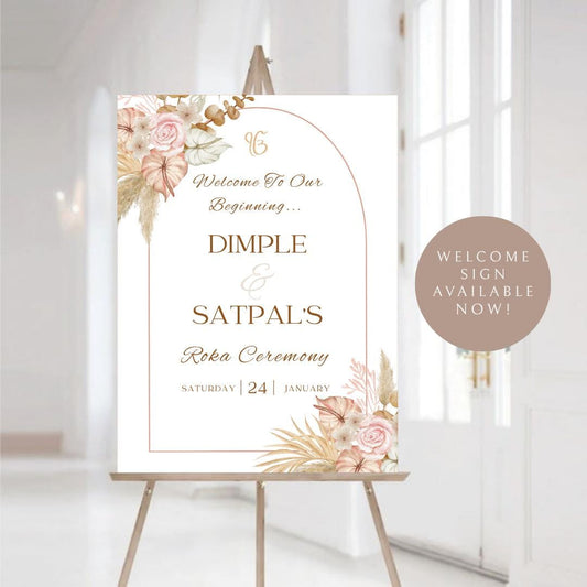 Floral Roka Chunni Welcome Sign Template | Editable Canva Digital Download | A2 Size | Matching Invitation Set | Printable Engagement Sign
