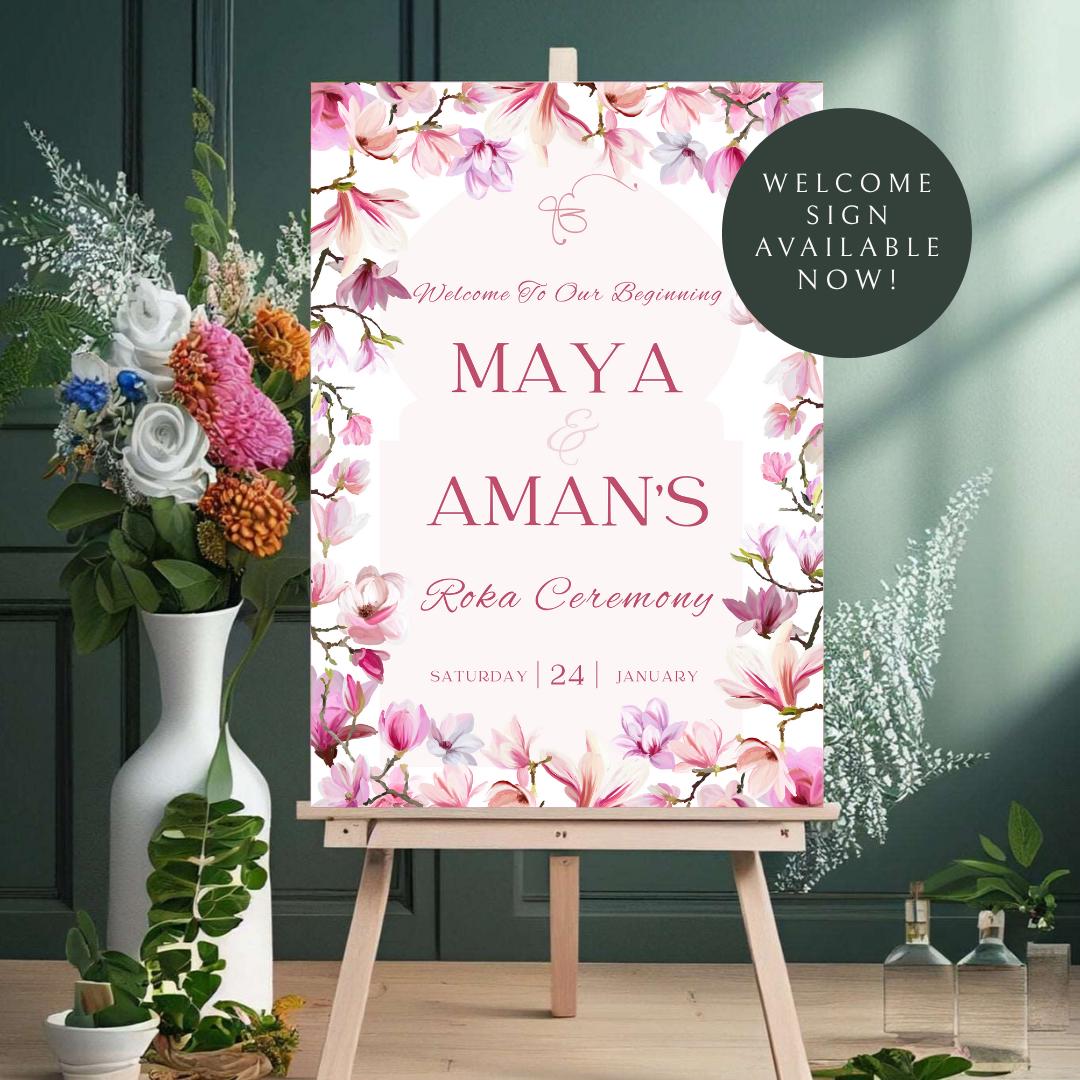 Vibrant Floral Roka Welcome Sign Template | Editable Canva Digital Download | A2 Ceremony Sign | Matching Invitation Set | Summer Theme