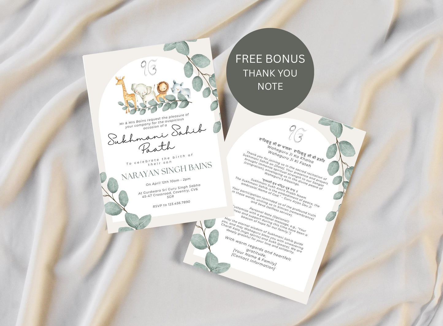 Sukhmani Sahib Path Invitation, Birth of Son, Modern Green Jungle Safari Theme, Canva Editable, Sikh, Boy's 1st Birthday