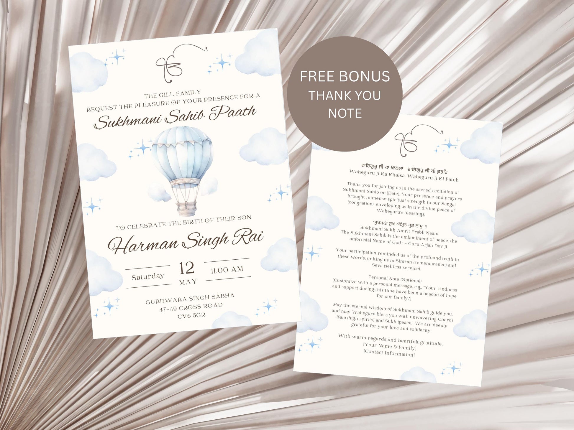 Sukhmani Sahib Path Invitation, Birth of Son, Modern Blue Cloud Balloon Teddy Theme, Canva Editable, Sikh, Boy's 1st Birthday