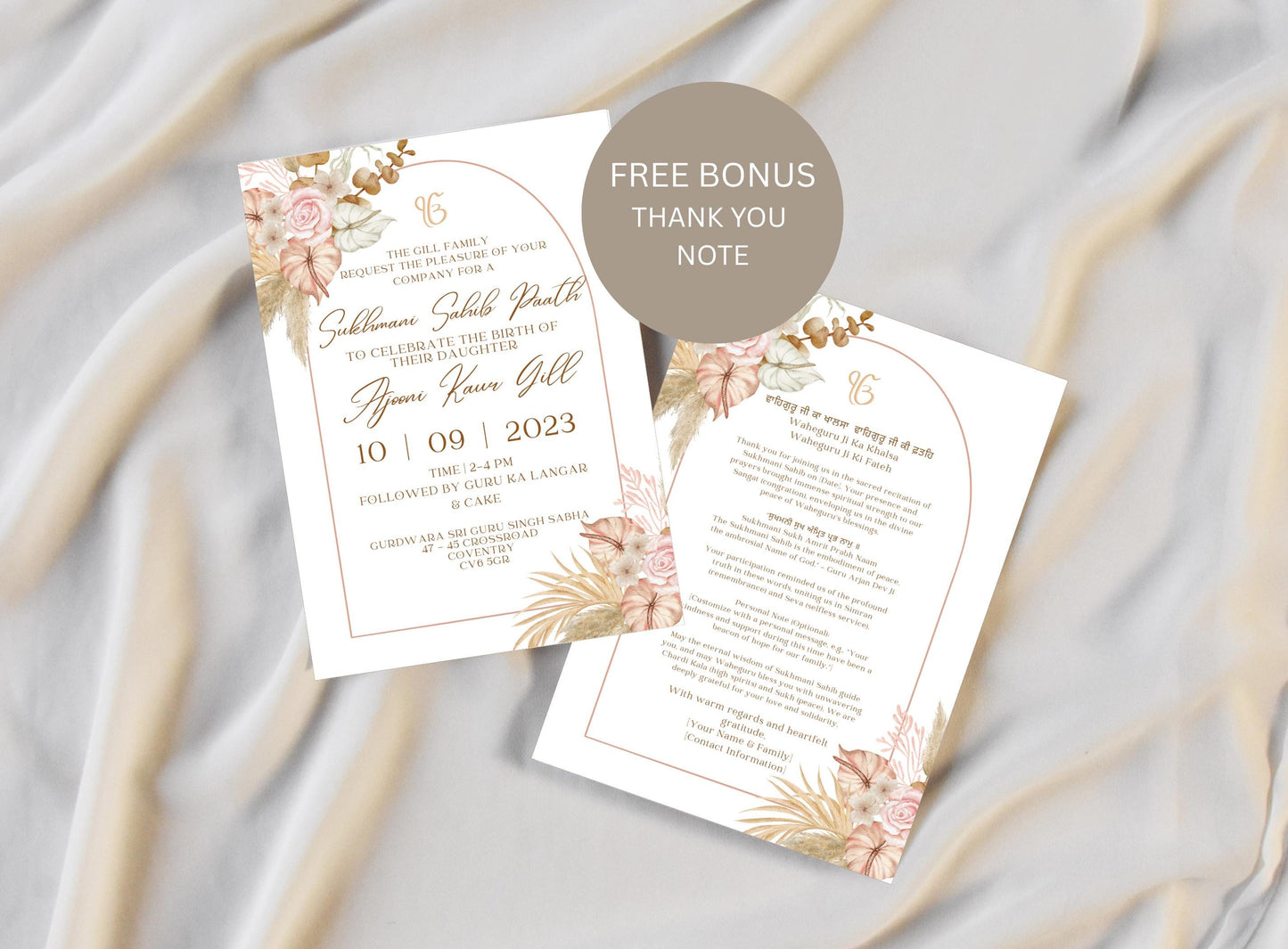 Editable Digital Sukhmani Sahib Paath Invitation, Birth of Daughter, 1st Birthday, Modern Floral Decor, Canva Editable, Sikh Programme