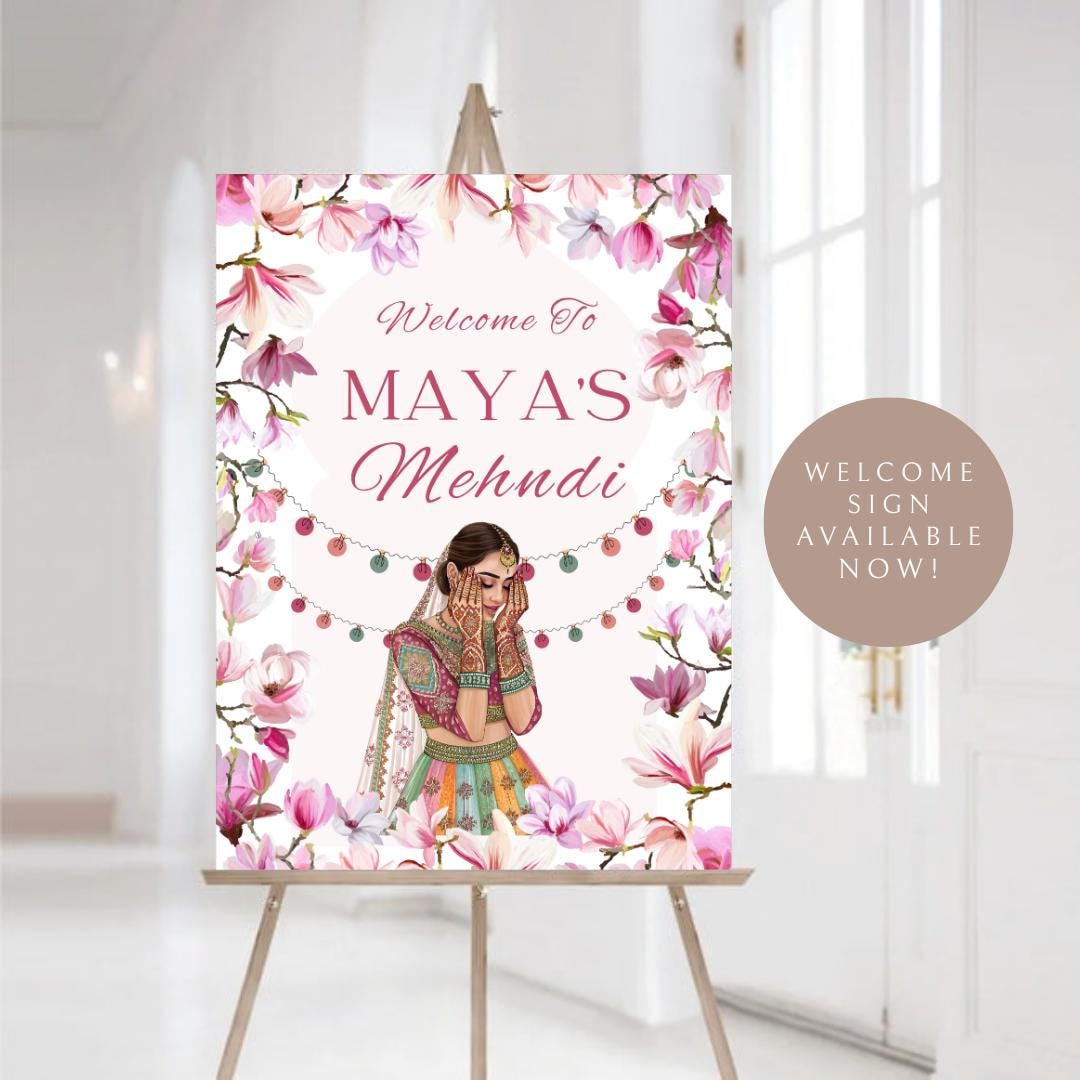Floral Mehndi Welcome Sign Template | Editable Canva Digital Download | A2 Size | Matching Invitation Set | Printable Engagement Sign