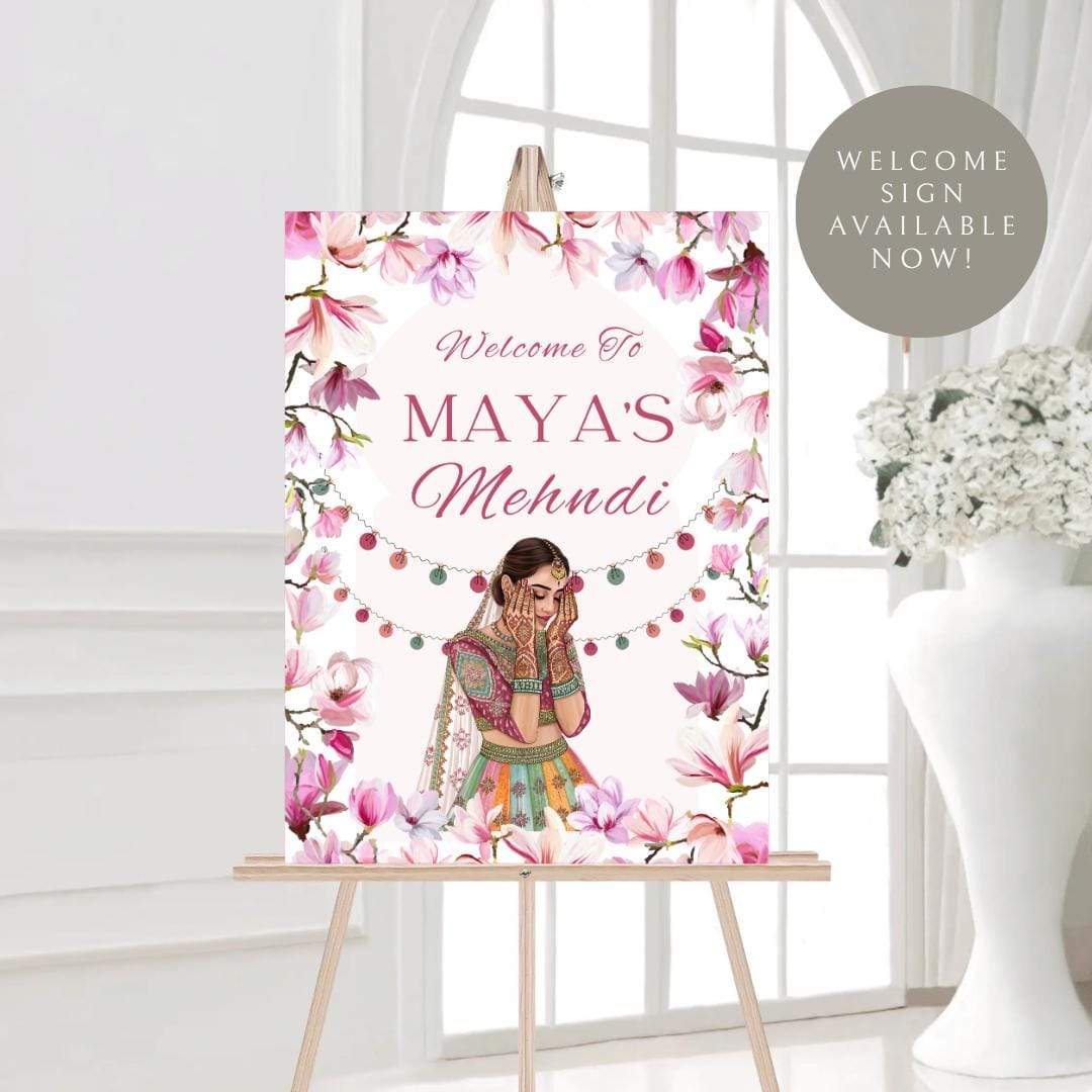 Floral Mehndi Welcome Sign Template | Editable Canva Digital Download | A2 Size | Matching Invitation Set | Printable Engagement Sign