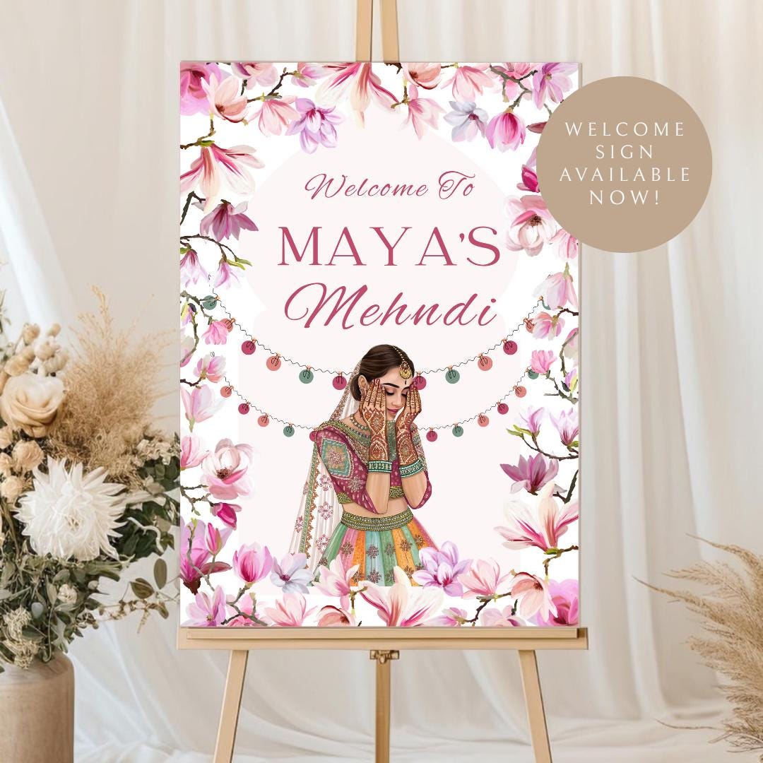 Floral Mehndi Welcome Sign Template | Editable Canva Digital Download | A2 Size | Matching Invitation Set | Printable Engagement Sign