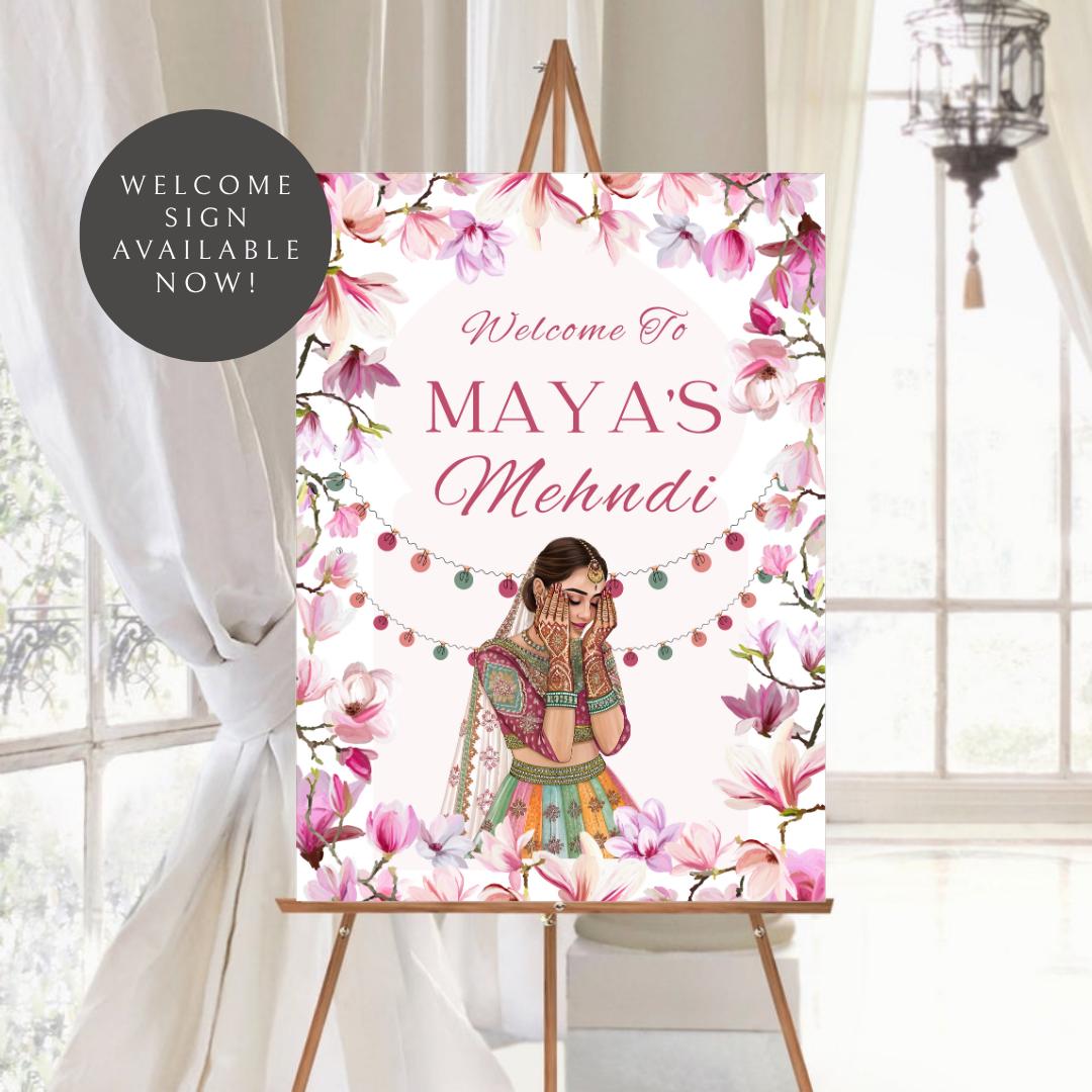 Floral Mehndi Welcome Sign Template | Editable Canva Digital Download | A2 Size | Matching Invitation Set | Printable Engagement Sign