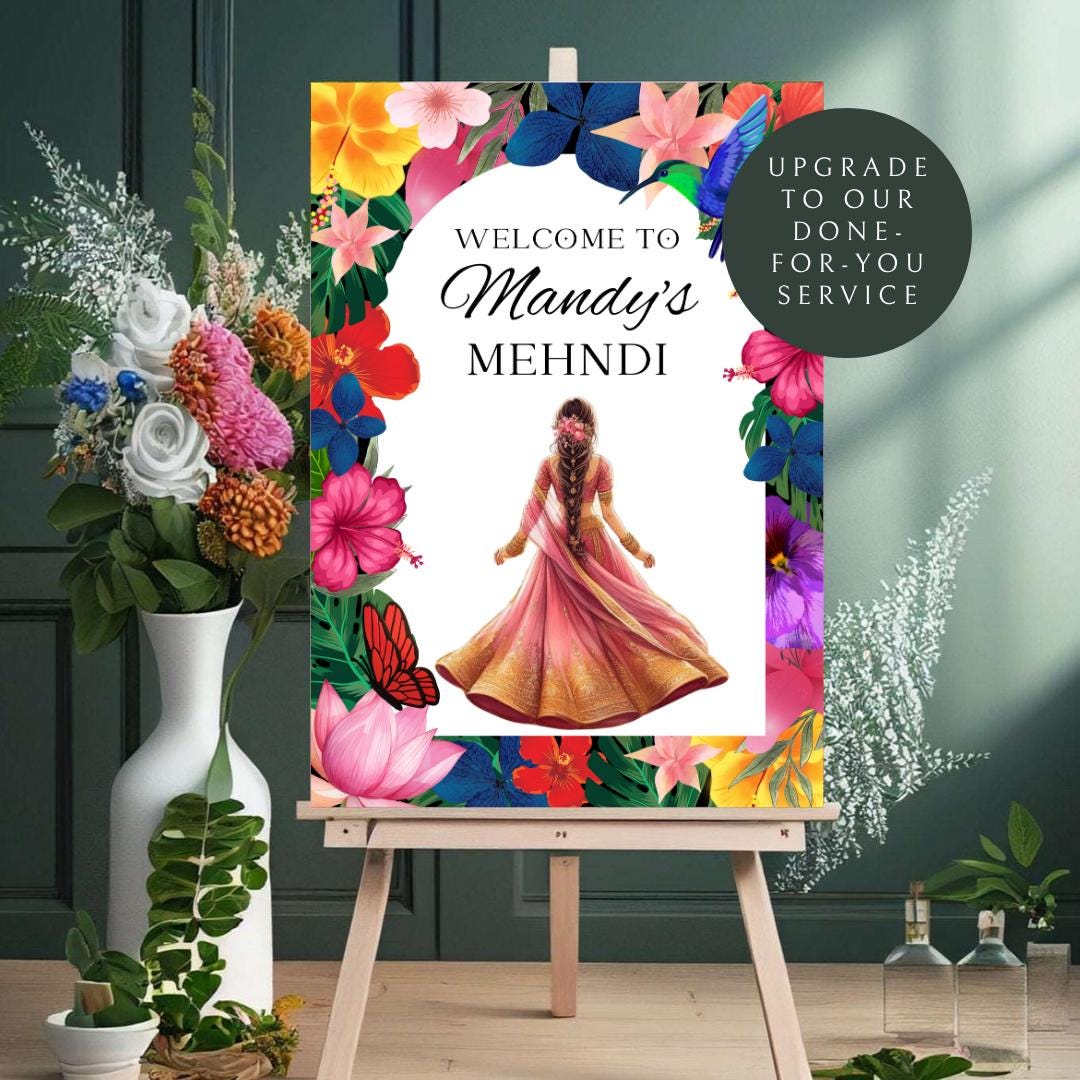 Tropical Mehndi Welcome Sign Template | Editable Digital Download | A2 Size | Printable Haldi Ladies Sangeet Sign | Floral Mehndi Decor