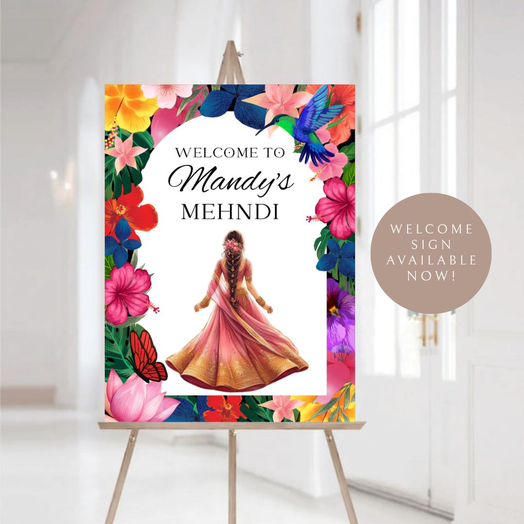 Tropical Mehndi Welcome Sign Template | Editable Digital Download | A2 Size | Printable Haldi Ladies Sangeet Sign | Floral Mehndi Decor