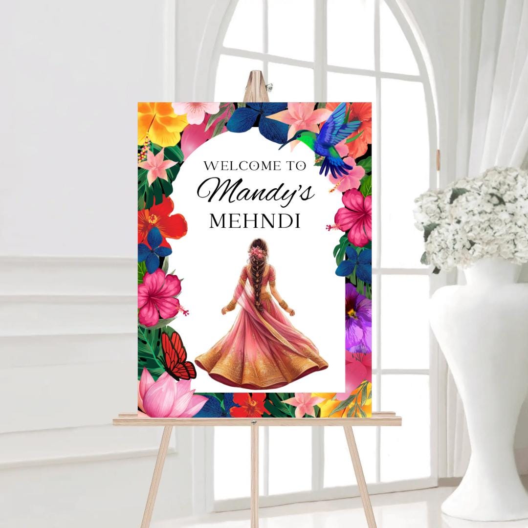 Tropical Mehndi Welcome Sign Template | Editable Digital Download | A2 Size | Printable Haldi Ladies Sangeet Sign | Floral Mehndi Decor