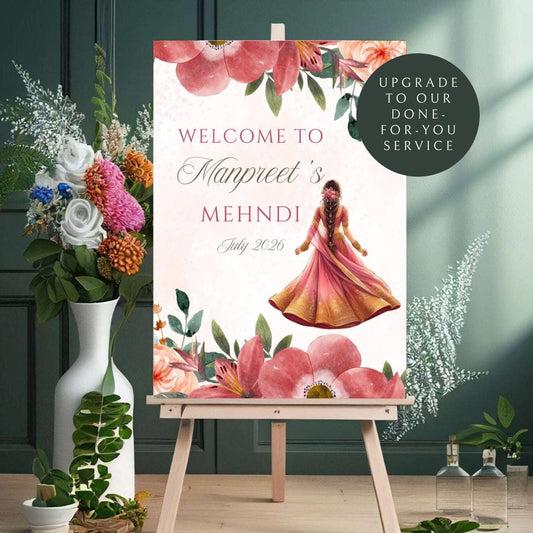 Floral Mehndi Welcome Sign Digital Template | A2 Size | Canva Download | Matching Invitation Set | Sangeet Sign | BONUS Mehndi Decor Signs