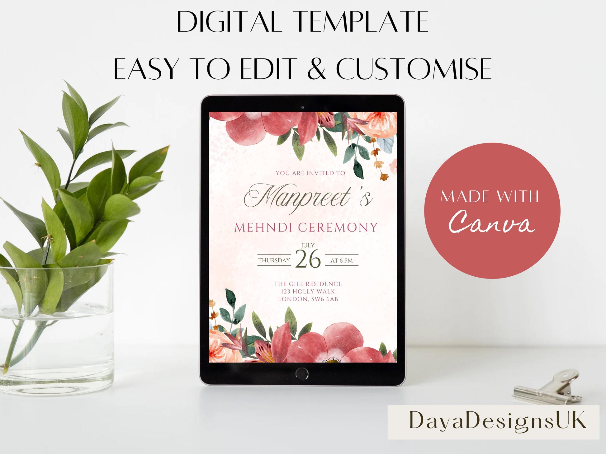 Floral Mehndi Welcome Sign Digital Template | A2 Size | Canva Download | Matching Invitation Set | Sangeet Sign | BONUS Mehndi Decor Signs