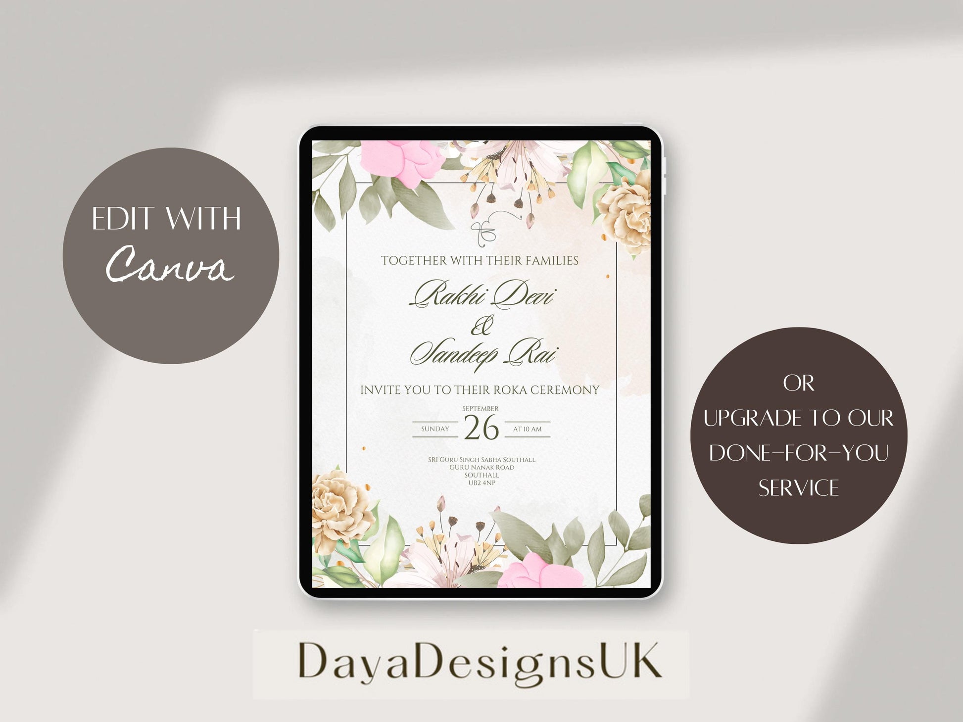 Floral Roka Chunni Welcome Sign Template | Editable Canva Digital Download | A2 Size | Matching Invitation Set | Printable Engagement Sign