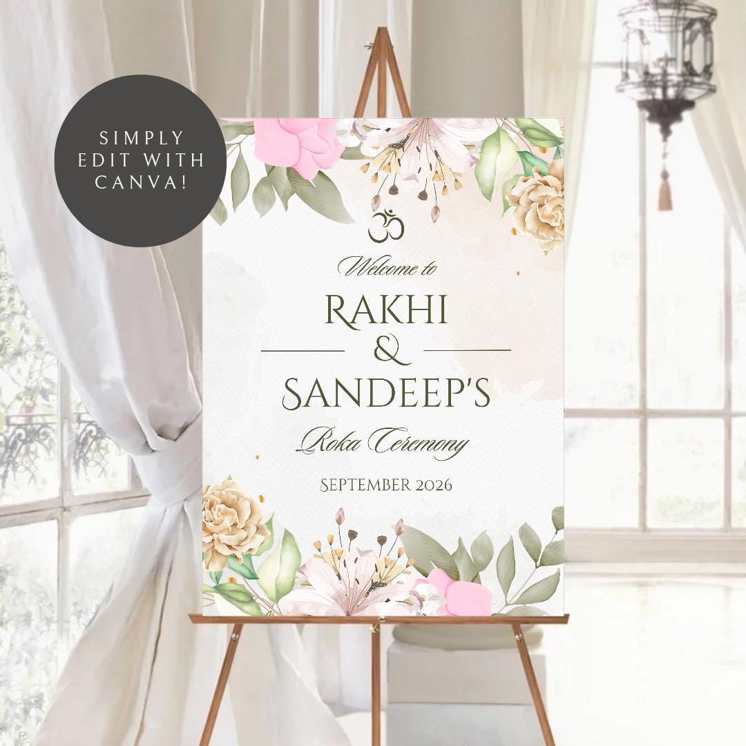 Floral Roka Chunni Welcome Sign Template | Editable Canva Digital Download | A2 Size | Matching Invitation Set | Printable Engagement Sign