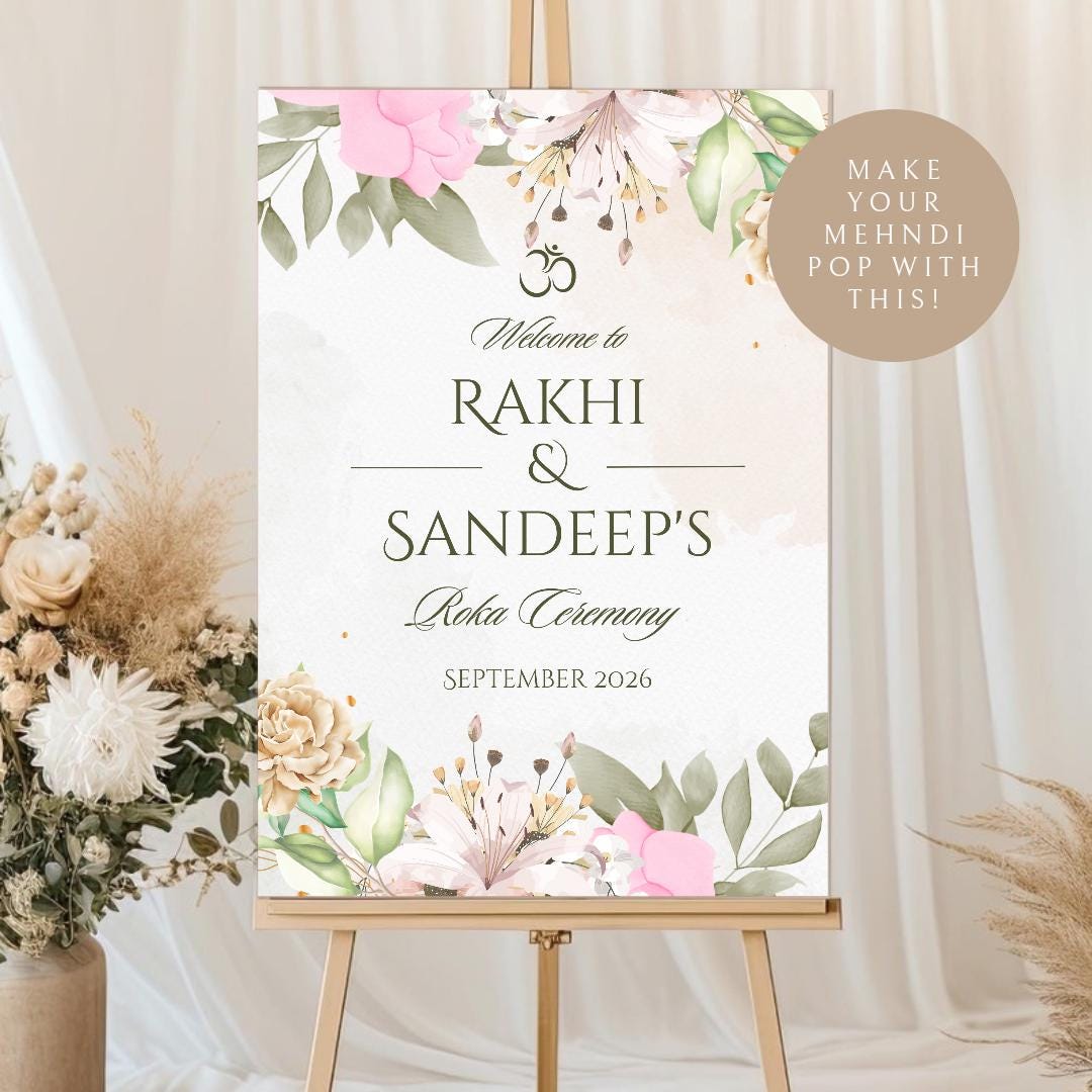 Floral Roka Chunni Welcome Sign Template | Editable Canva Digital Download | A2 Size | Matching Invitation Set | Printable Engagement Sign