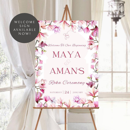 Vibrant Floral Roka Welcome Sign Template | Editable Canva Digital Download | A2 Ceremony Sign | Matching Invitation Set | Summer Theme