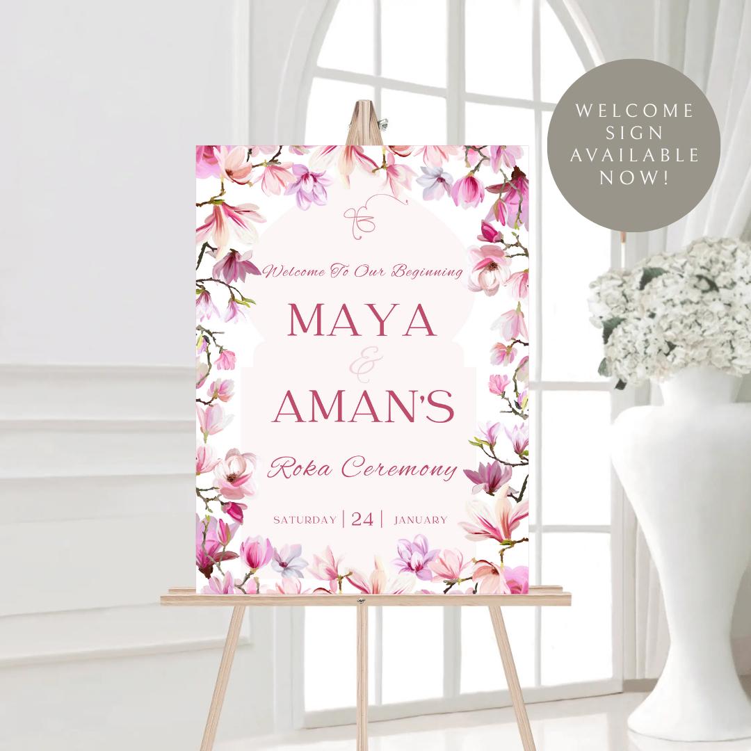 Vibrant Floral Roka Welcome Sign Template | Editable Canva Digital Download | A2 Ceremony Sign | Matching Invitation Set | Summer Theme