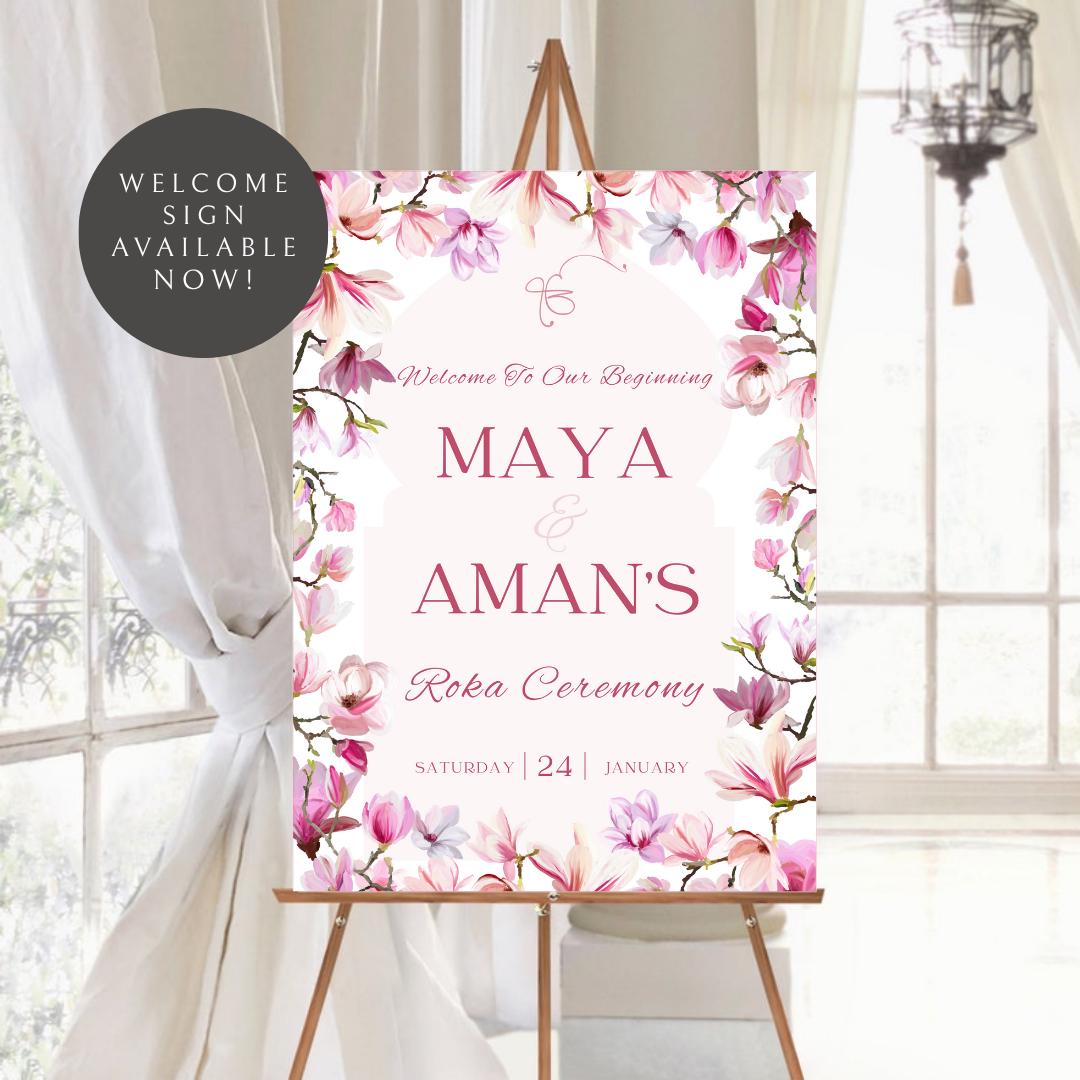 Vibrant Floral Roka Welcome Sign Template | Editable Canva Digital Download | A2 Ceremony Sign | Matching Invitation Set | Summer Theme