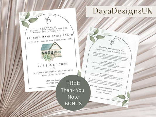 Digital Sukhmani Sahib Path Invitation, Housewarming, Modern, Minimalist Eucalyptus Theme, Canva Editable, New House Sikh Blessing