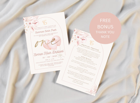 Digital Sukhmani Sahib Paath Invitation, Daughter's 1st Birthday, Modern Minimalist Pink Floral Theme, Editable Template, Sikh Programme