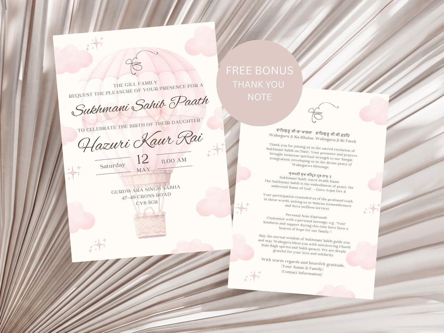 Digital Sukhmani Sahib Paath Invitation, Daughter's 1st Birthday, Modern Minimalist Pink Hot Air Balloon, Editable Template, Sikh Programme