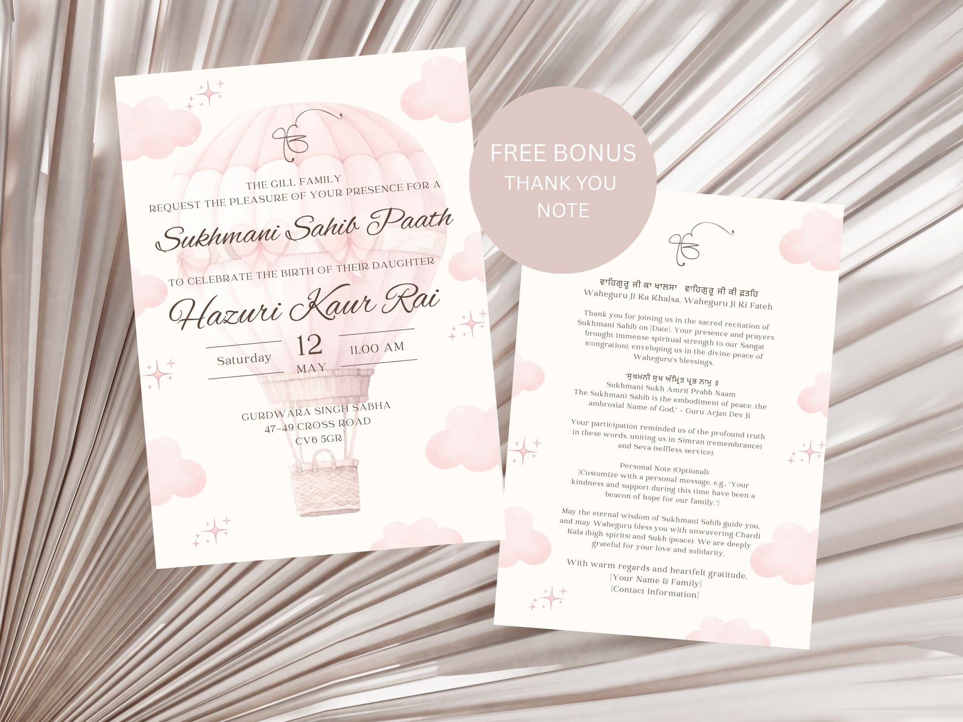Digital Sukhmani Sahib Paath Invitation, Daughter's 1st Birthday, Modern Minimalist Pink Hot Air Balloon, Editable Template, Sikh Programme
