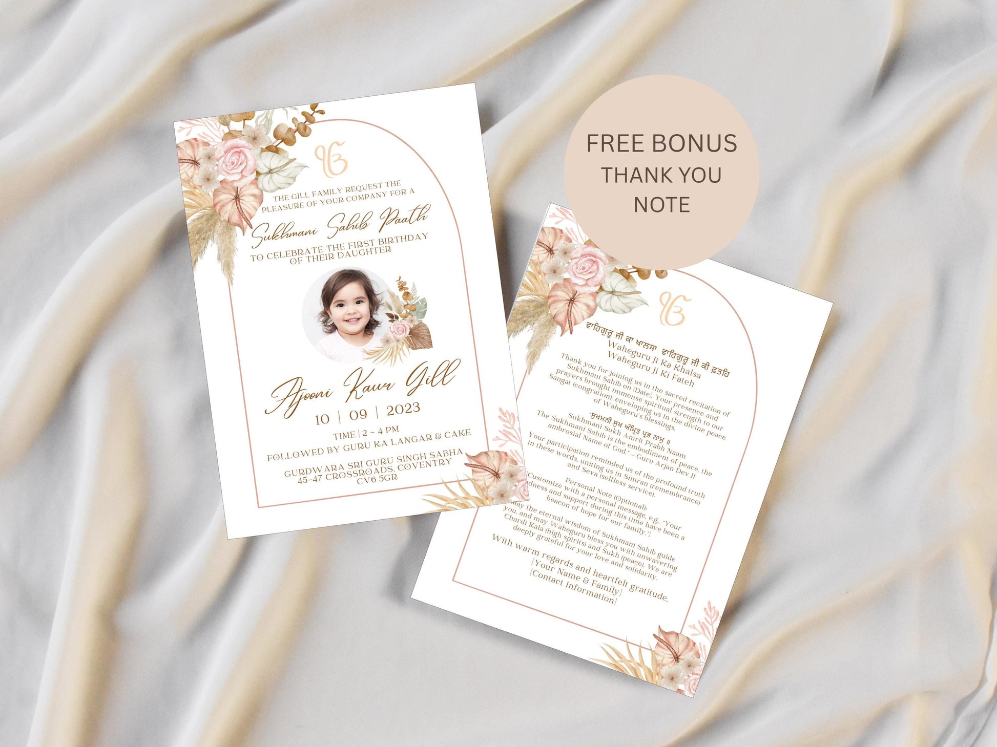Editable Digital Sukhmani Sahib Paath Photo Invitation, Birth of Daughter, 1st Birthday, Modern Neutral Floral, Canva, Sikh Occasion