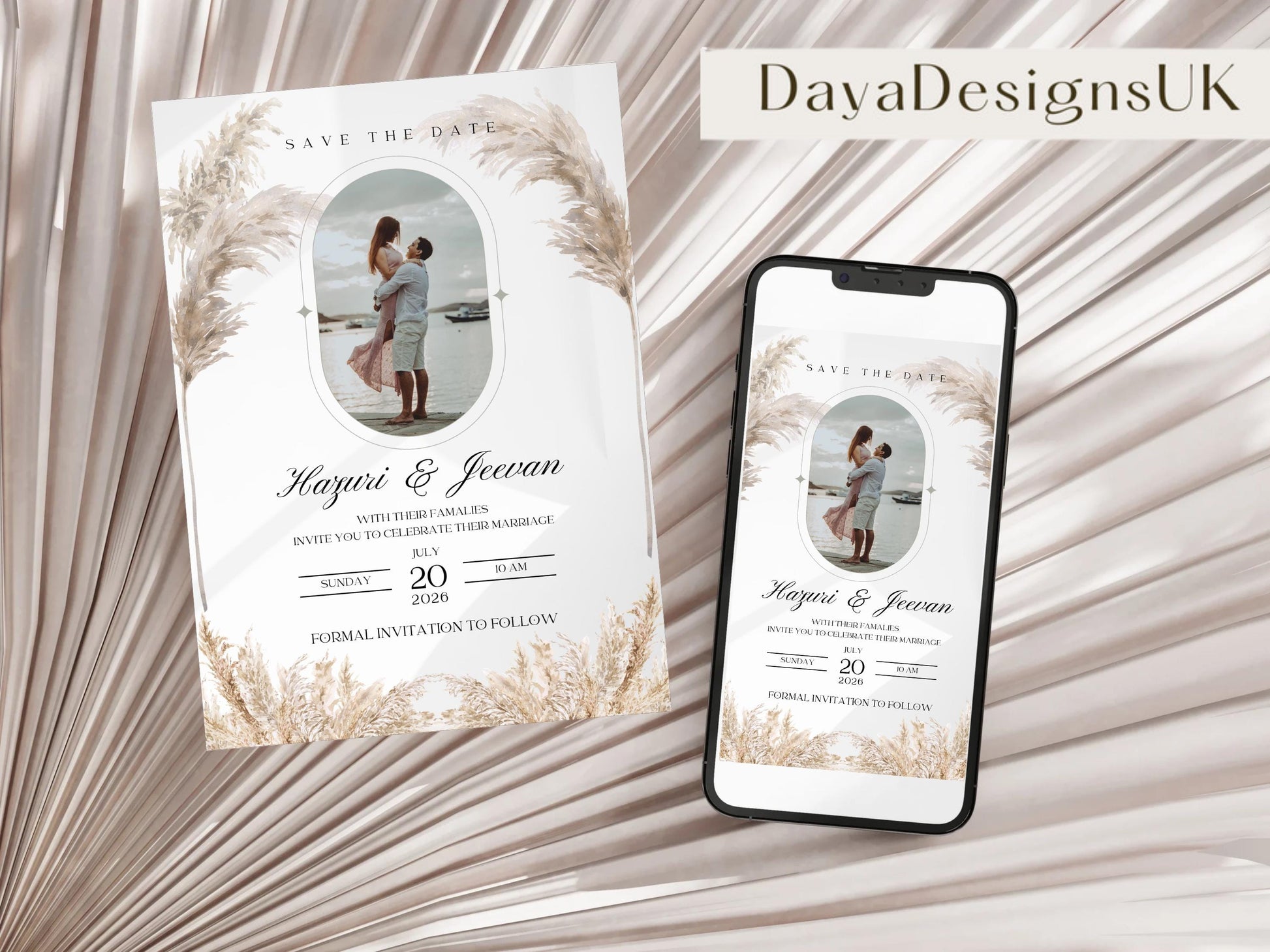 Elegant Pampas Minimalist Save the Date – Indian, Sikh & Hindu Wedding Invitation | Editable Canva Template with Photo Insert