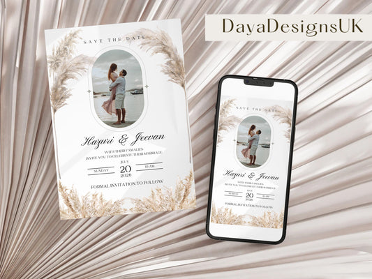 Elegant Pampas Minimalist Save the Date – Indian, Sikh & Hindu Wedding Invitation | Editable Canva Template with Photo Insert