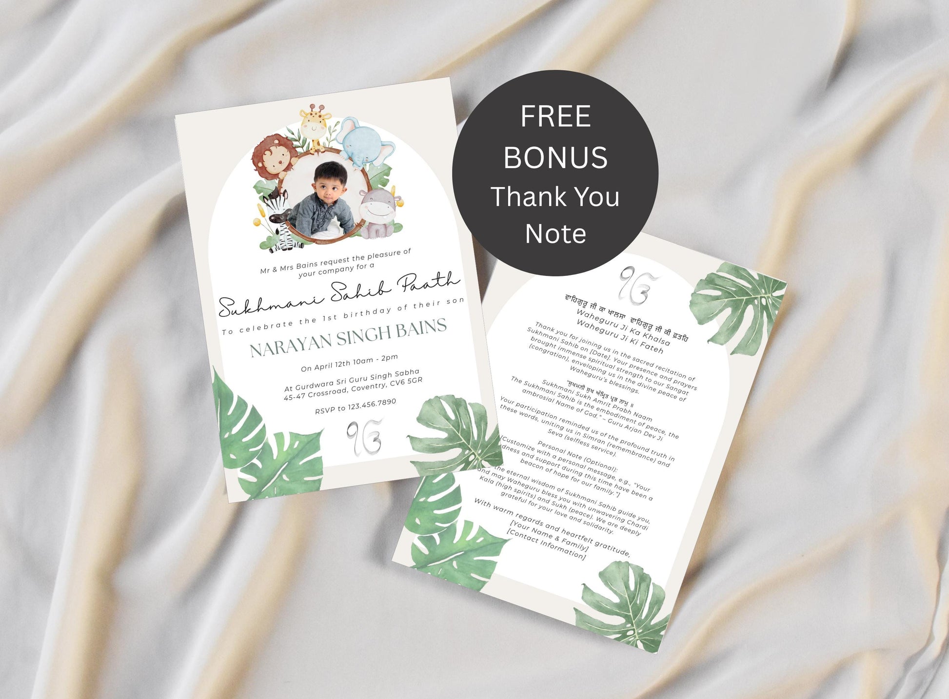 Editable Digital Sukhmani Sahib Paath Invitation, Modern Neutral Green Jungle Design, Canva Editable, Sikh Occasion, Boy's 1st Birthday