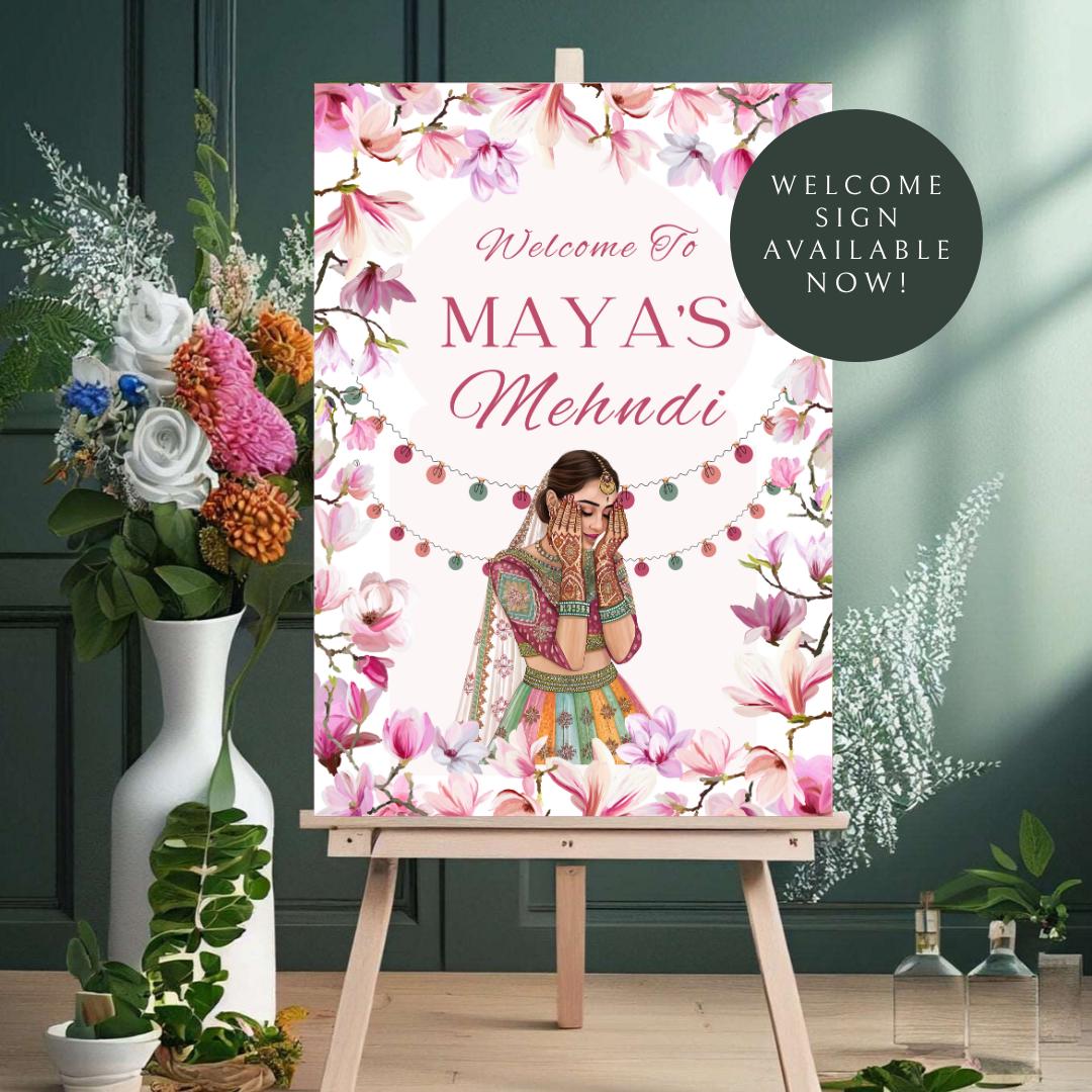 Floral Mehndi Welcome Sign Template | Editable Canva Digital Download | A2 Size | Matching Invitation Set | Printable Engagement Sign