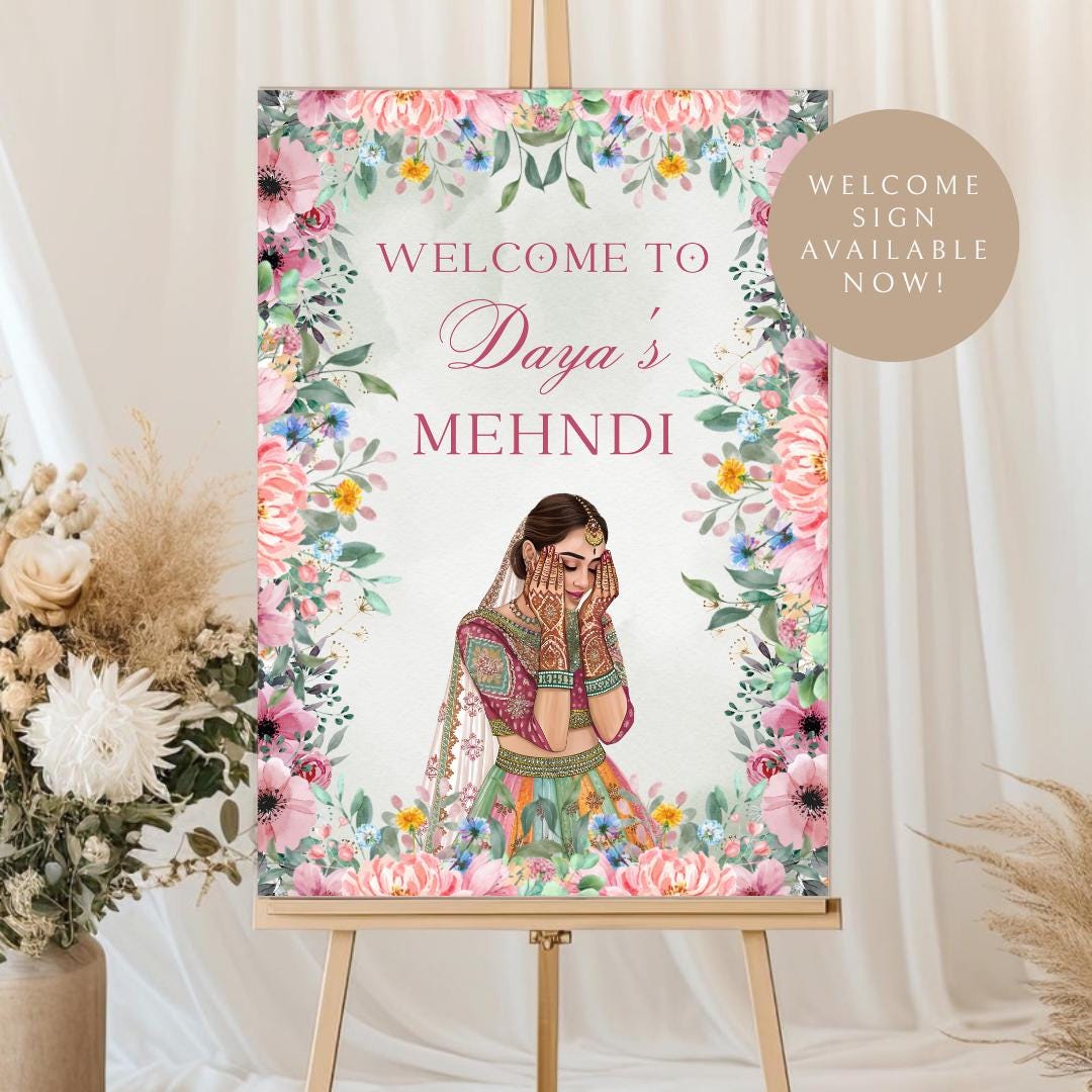 Floral Mehndi Welcome Sign Template | Editable Canva Digital Download | A2 Size | Printable Haldi Ladies Sangeet Sign | Mehndi Decor