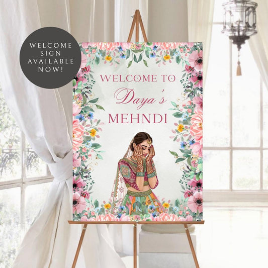 Floral Mehndi Welcome Sign Template | Editable Canva Digital Download | A2 Size | Printable Haldi Ladies Sangeet Sign | Mehndi Decor