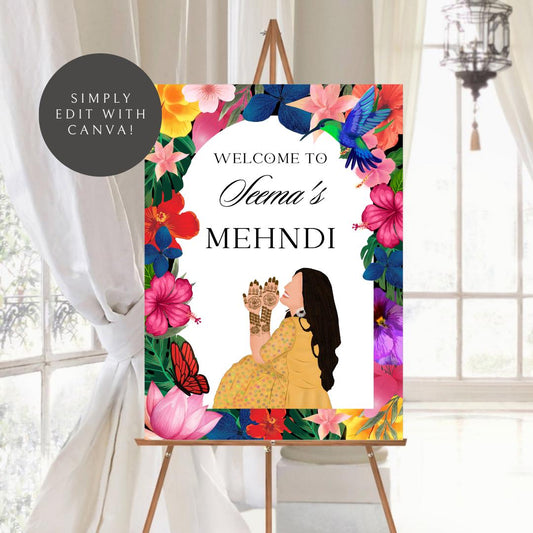 Floral Mehndi Welcome Sign Template | Editable Canva Digital Download | A2 Size | Printable Haldi Ladies Sangeet Sign | Mehndi Decor