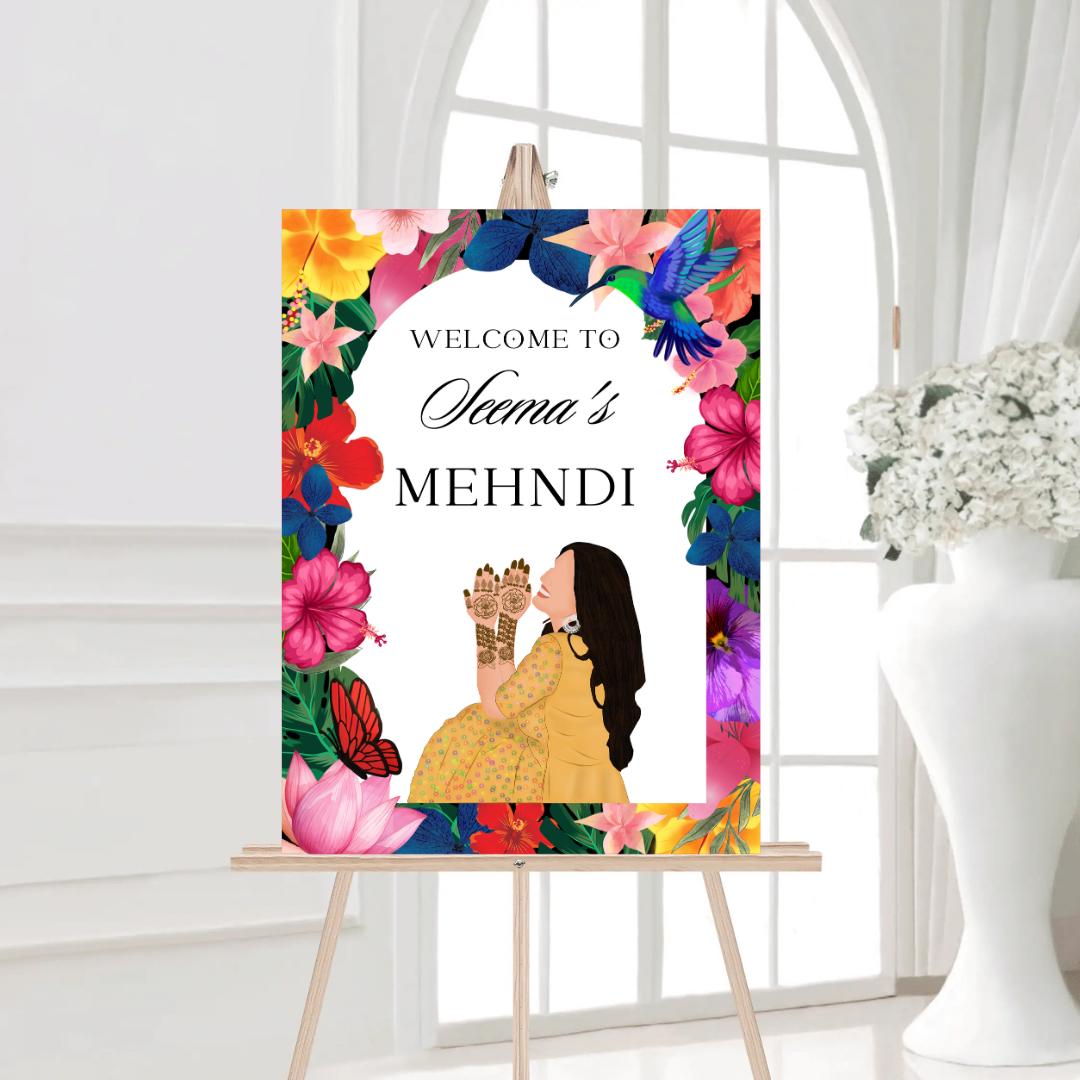 Floral Mehndi Welcome Sign Template | Editable Canva Digital Download | A2 Size | Printable Haldi Ladies Sangeet Sign | Mehndi Decor
