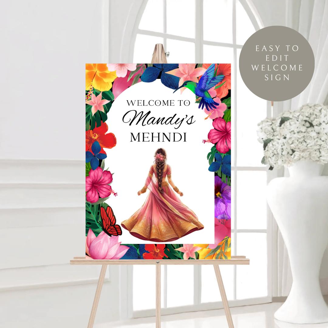 Tropical Mehndi Welcome Sign Template | Editable Digital Download | A2 Size | Printable Haldi Ladies Sangeet Sign | Floral Mehndi Decor