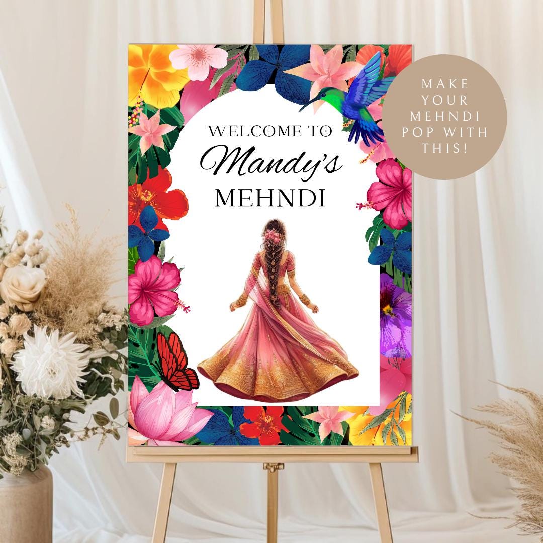 Tropical Mehndi Welcome Sign Template | Editable Digital Download | A2 Size | Printable Haldi Ladies Sangeet Sign | Floral Mehndi Decor
