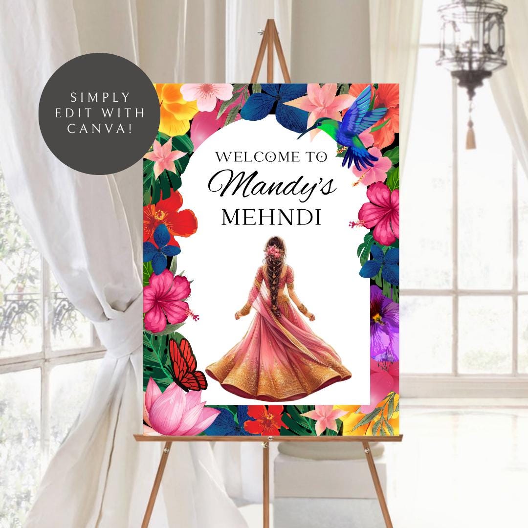 Tropical Mehndi Welcome Sign Template | Editable Digital Download | A2 Size | Printable Haldi Ladies Sangeet Sign | Floral Mehndi Decor